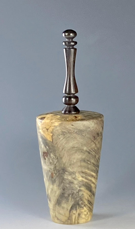 HOLLOW VESSEL TURNED FROM BUCKEYE BURL, WITH AFRICAN BLACKWOOD FINIAL