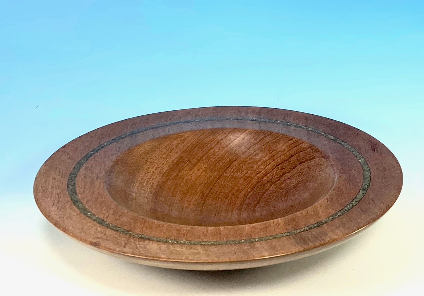 DISPLAY BOWL TURNED FROM SAPELE, WITH INFLAY OF SHAVED BRASS