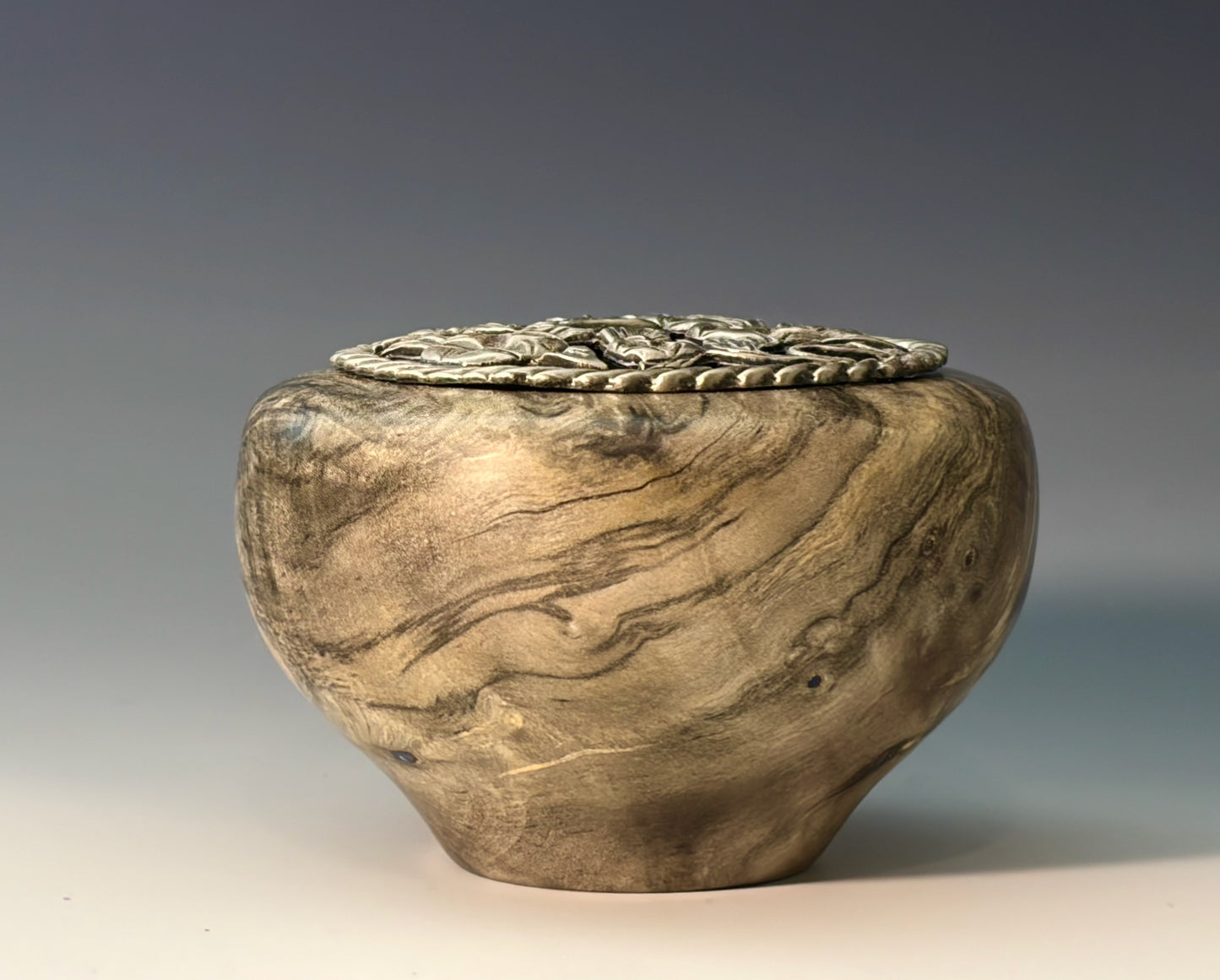 POTPOURRI POT TURNED FROM BUCKEYE BURL, WITH PEWTER LID