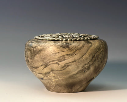 POTPOURRI POT TURNED FROM BUCKEYE BURL, WITH PEWTER LID