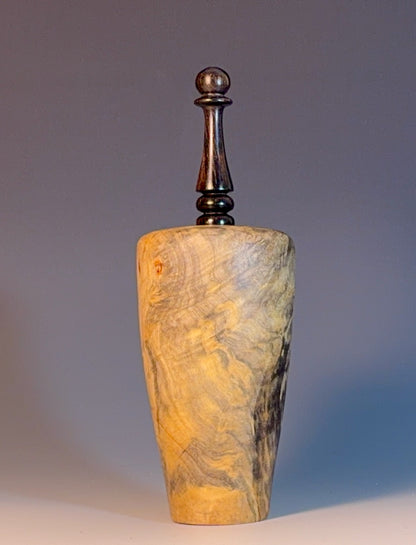 VESSEL TURNED FROM BUCKEYE BURL, WITH AFRICAN BLACKWOOD FINIAL