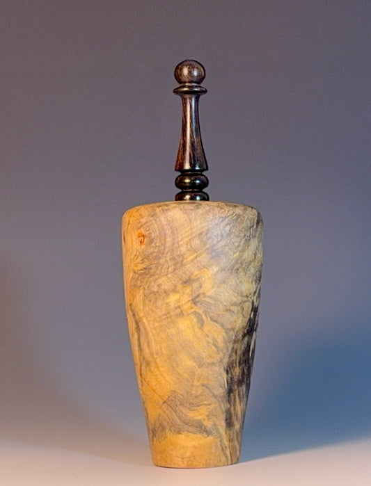 VESSEL TURNED FROM BUCKEYE BURL, WITH AFRICAN BLACKWOOD FINIAL
