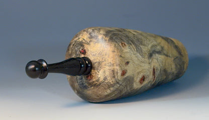 VESSEL TURNED FROM BUCKEYE BURL, WITH AFRICAN BLACKWOOD FINIAL