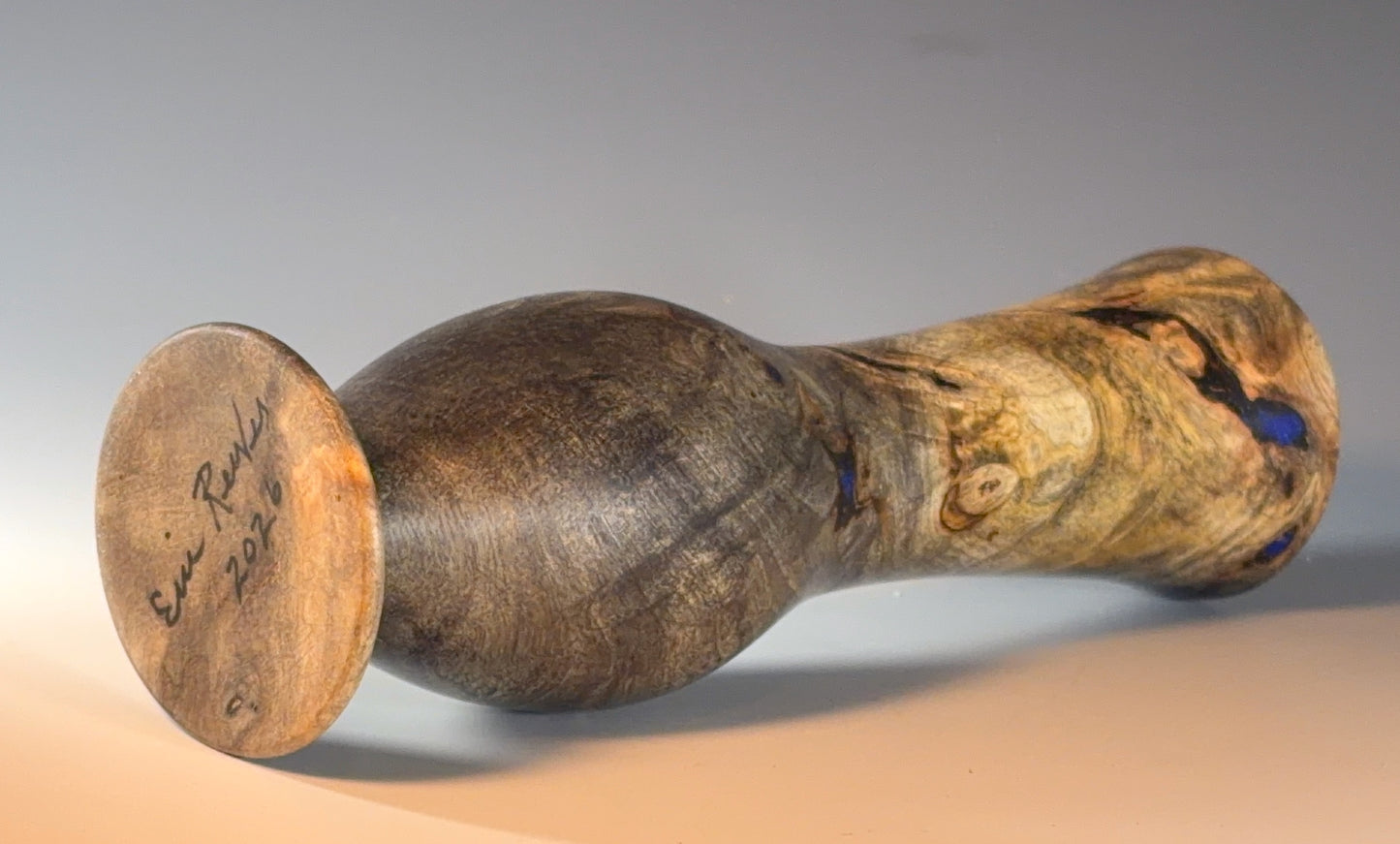 BUD VASE TURNED FROM BUCKEYE BURL, WITH LAPIS LAZULI INLAY