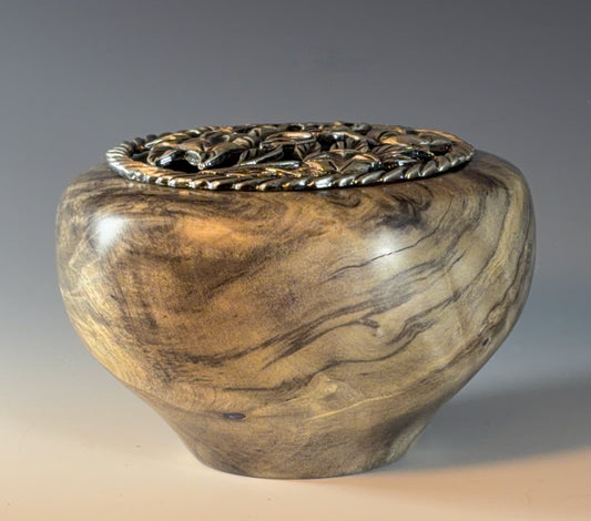 POTPOURRI POT TURNED FROM BUCKEYE BURL, WITH PEWTER LID