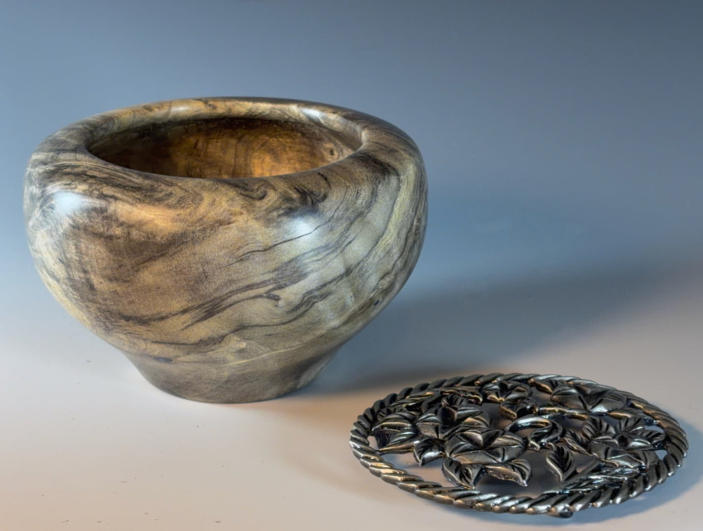 POTPOURRI POT TURNED FROM BUCKEYE BURL, WITH PEWTER LID
