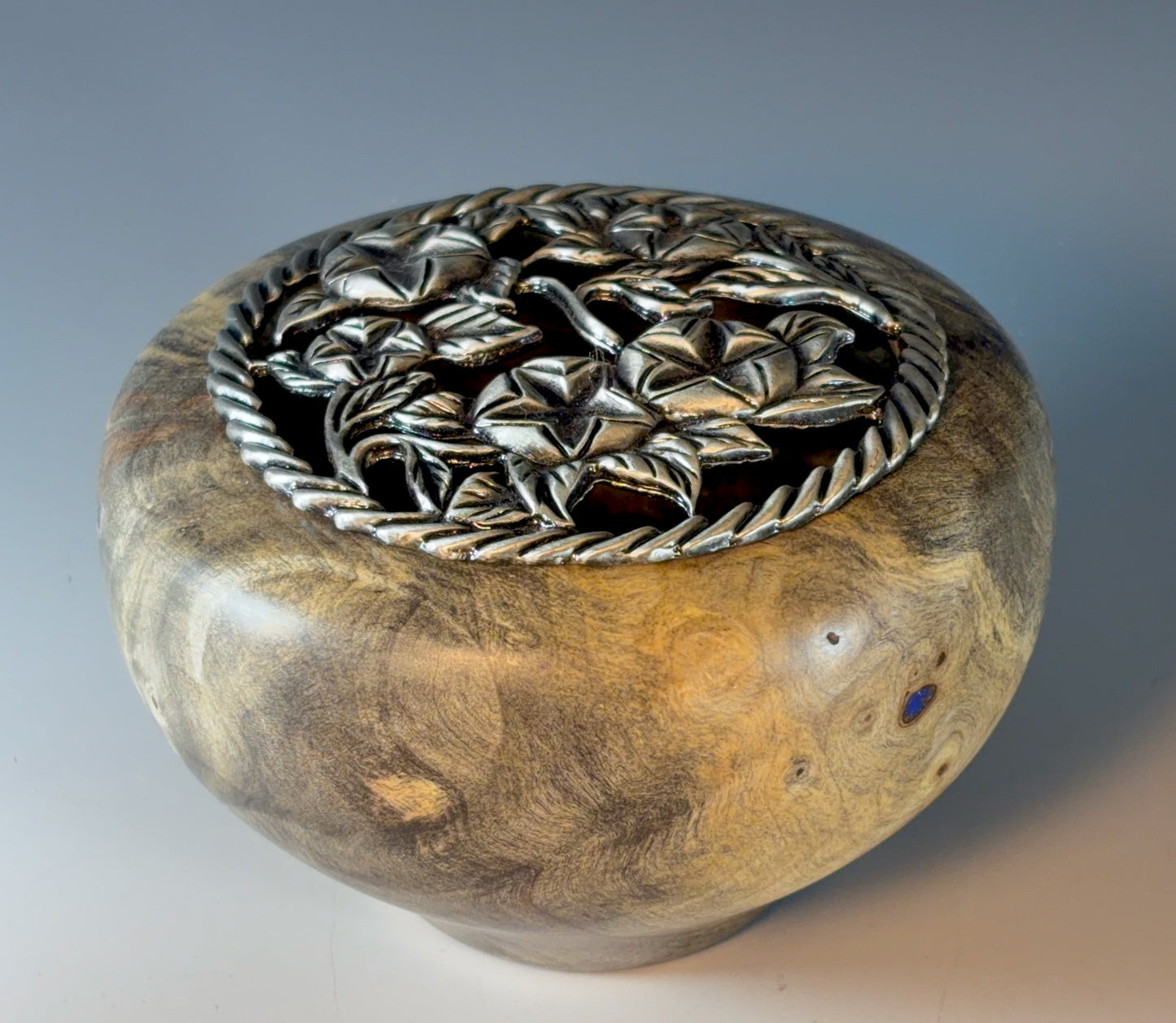 POTPOURRI POT TURNED FROM BUCKEYE BURL, WITH PEWTER LID
