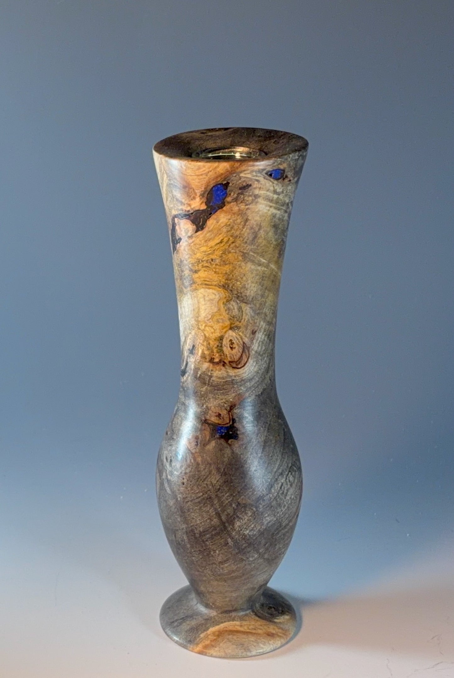 BUD VASE TURNED FROM BUCKEYE BURL, WITH LAPIS LAZULI INLAY