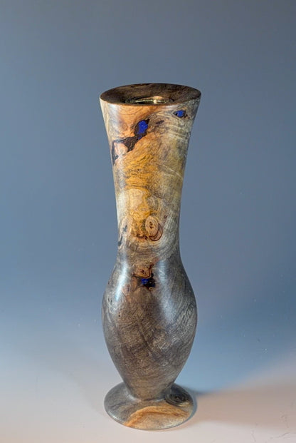 BUD VASE TURNED FROM BUCKEYE BURL, WITH LAPIS LAZULI INLAY