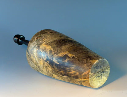 VESSEL TURNED FROM BUCKEYE BURL, WITH AFRICAN BLACKWOOD FINIAL
