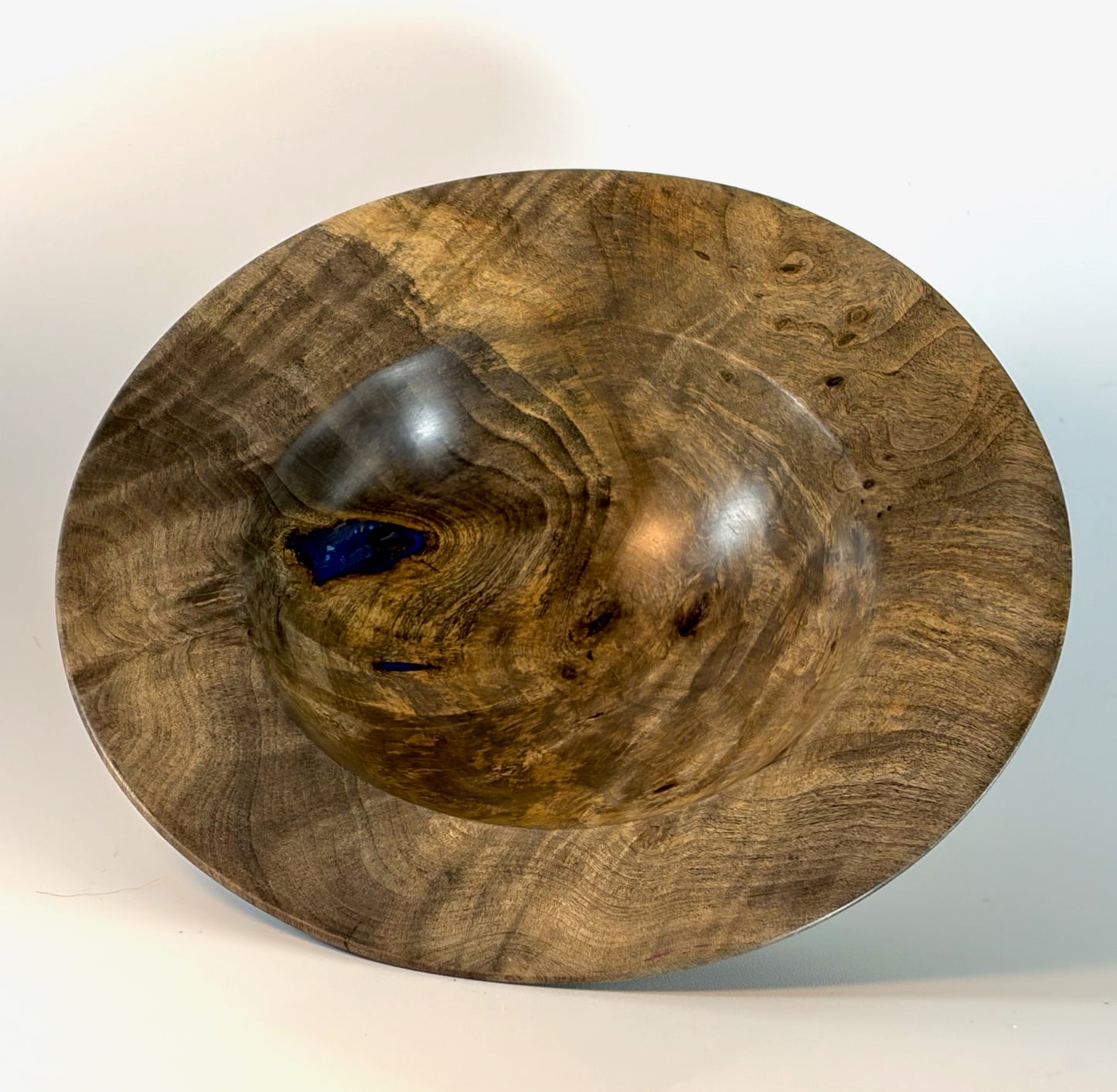 BOWL TURNED FROM BUCKEYE BURL, WITH LAPIS LAZULI INLAY