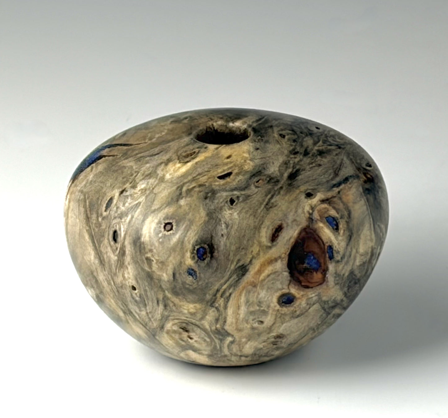 HOLLOW FORM TURNED FROM BUCKEYE BURL, INLAY OF LAPIS LAZULI [4]