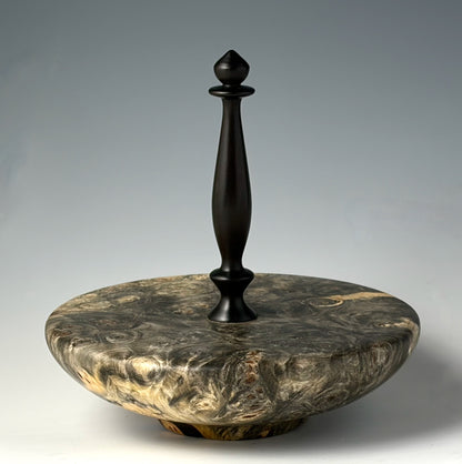 VESSEL TURNED FROM BUCKEYE BURL, WITH AFRICAN BLACKWOOD FINIAL