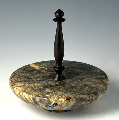 VESSEL TURNED FROM BUCKEYE BURL, WITH AFRICAN BLACKWOOD FINIAL