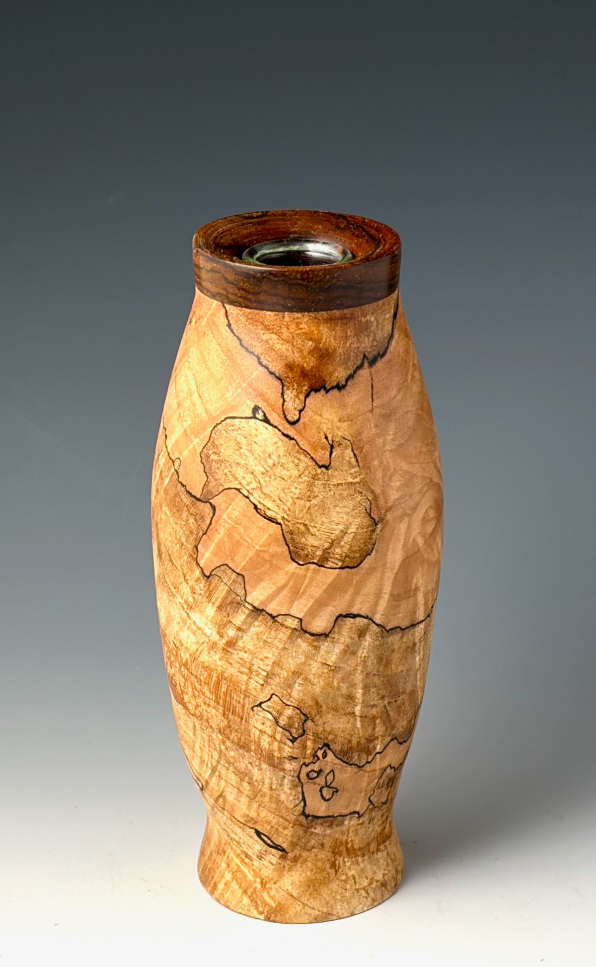 BUD VASE TURNED FROM SPALTED MAPLE, WITH COCOBOLO COLLAR