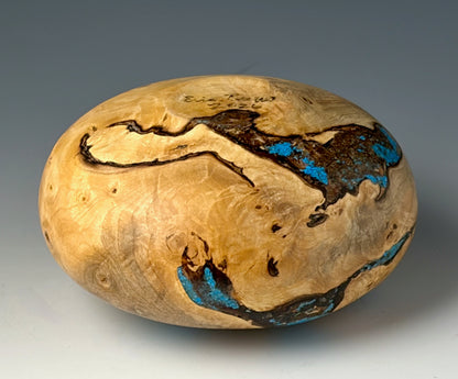 HOLLOW FORM TURNED FROM BUCKEYE BURL, WITH TURQUOISE INLAY