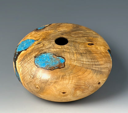HOLLOW FORM TURNED FROM BUCKEYE BURL, WITH TURQUOISE INLAY