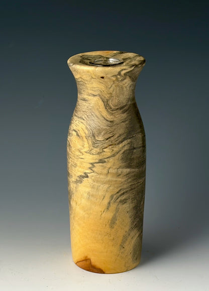 BUD VASE TURNED FROM BUCKEYE BURL, WITH GLASS TUBE INSERT