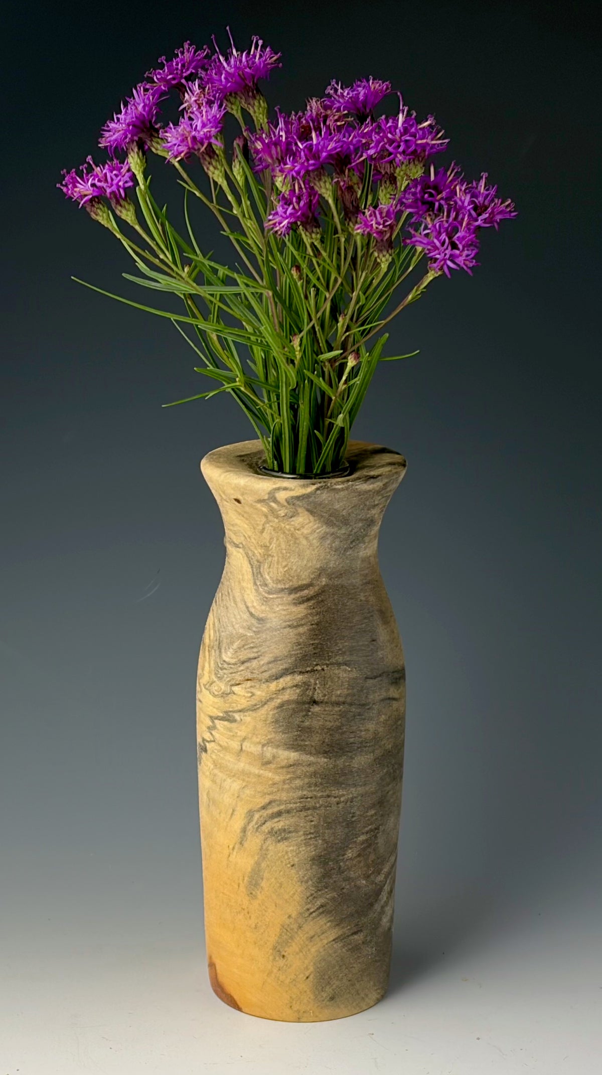 BUD VASE TURNED FROM BUCKEYE BURL, WITH GLASS TUBE INSERT