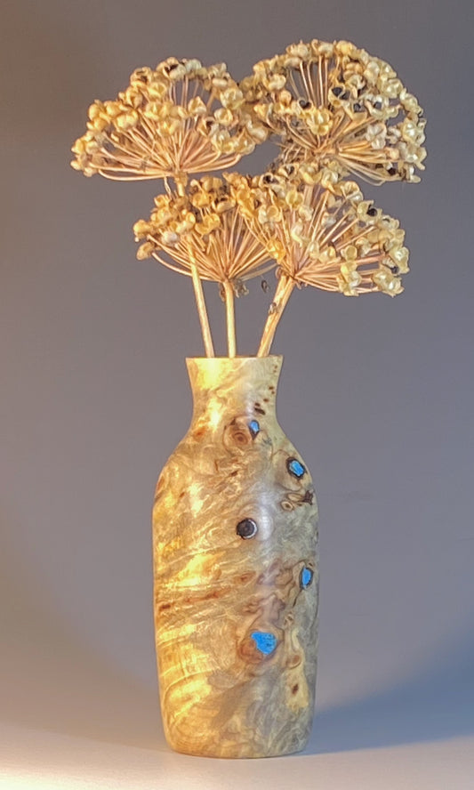 TWIG VASE TURNED FROM BUCKEYE BURL,TURQUOISE INLAY