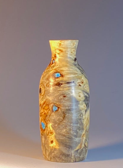 TWIG VASE TURNED FROM BUCKEYE BURL,TURQUOISE INLAY